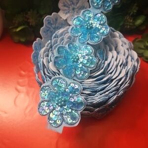 Set 3 Sparkling Beads & Sequins Flower Blue Patch Appliques For Crafts, Pin, Bow